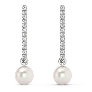 Pompeii3 6mm Pearl & Diamond Dangle Earrings Women's 14k Gold Tennis Earrings Lab Created - 1 of 4