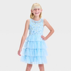 Girls' Sleeveless Embroidered Bodice Tiered Skirt Dress - Cat & Jack™ Blue - 1 of 3