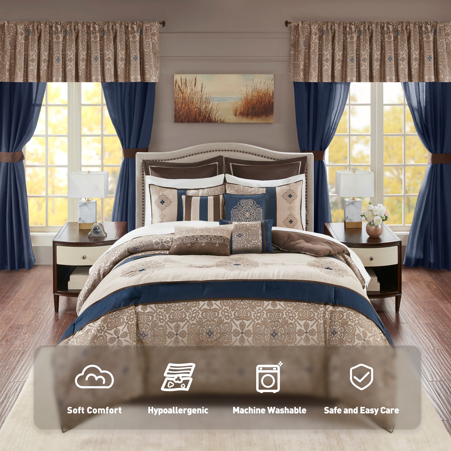 Постельное бельё Regency Heights 24 Pcs Riab Faux Silk Luxury Bedding Set, Classic Palace Style Medallion Jacquard Premium Bed Set with Pillows, Bedskirt and Valances, Navy, цвет: Тёмно-синий — фото 1