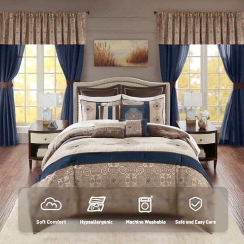 Regency Heights 24 Pcs RIAB Faux Silk Luxury Bedding Set, Classic Palace Style Medallion Jacquard Premium Bed Set with Pillows, Bedskirt and Valances, Navy, Queen