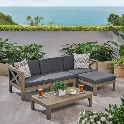 Sapphtopaz Patio Furniture Set Wood L-Shaped Loveseat Outdoor Chairs with Cushions and Coffee Table Sofa Set for Garden, Backyard