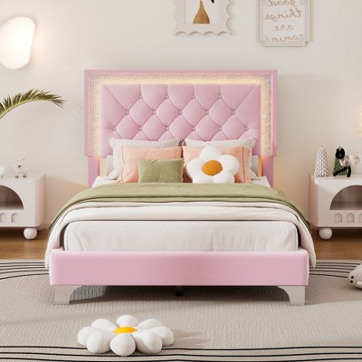NicBex Twin/Full/Queen Upholstered Bed Frame with Velvet Tufted Headboard,Wood Platform Bed Frame with LED Lights,No Box Spring Needed,Easy Assembly