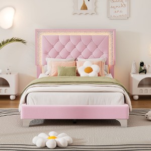 NicBex Twin/Full/Queen Upholstered Bed Frame with Velvet Tufted Headboard,Wood Platform Bed Frame with LED Lights,No Box Spring Needed,Easy Assembly - 1 of 4