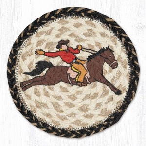 Earth Rugs Bucking Cowboy Round Coaster – 7" Braided Jute Mat with Western Rodeo Rider Silhouette in Rustic Tan & Brown Tones - 1 of 3