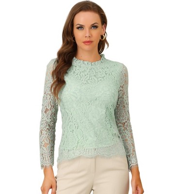 Allegra K Women's Lace Long Sleeve Keyhole Back Ruffle Neck Floral Blouse