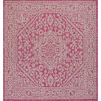 Fuchsia and Light Gray Medallion Square Outdoor Rug - 5' Synthetic