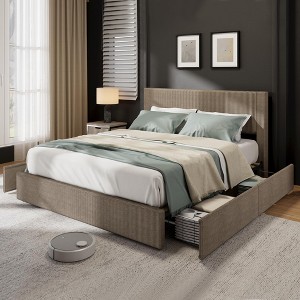 Bed Frame with Tufted Wingback Headboard, Platform Corduroy Upholstered Bed Frame with 4 Storage Drawers and Wooden Slats Support - 1 of 4