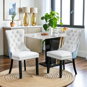 Set of 2 Modern Tufted Dining Chairs with Nailhead Trim, PU Leather and Velvet Upholstered Seat, Solid Rubberwood Legs, Contemporary Accent Chairs - 1 of 4
