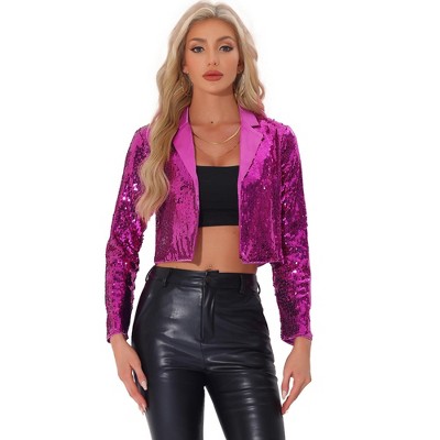 Allegra K Women's Sequin Party Lapel Collar Open Front Crop Sparkle Blazer