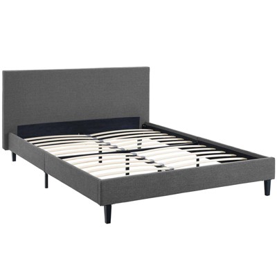 Gray Full Upholstered Platform Bed with Wood Slats