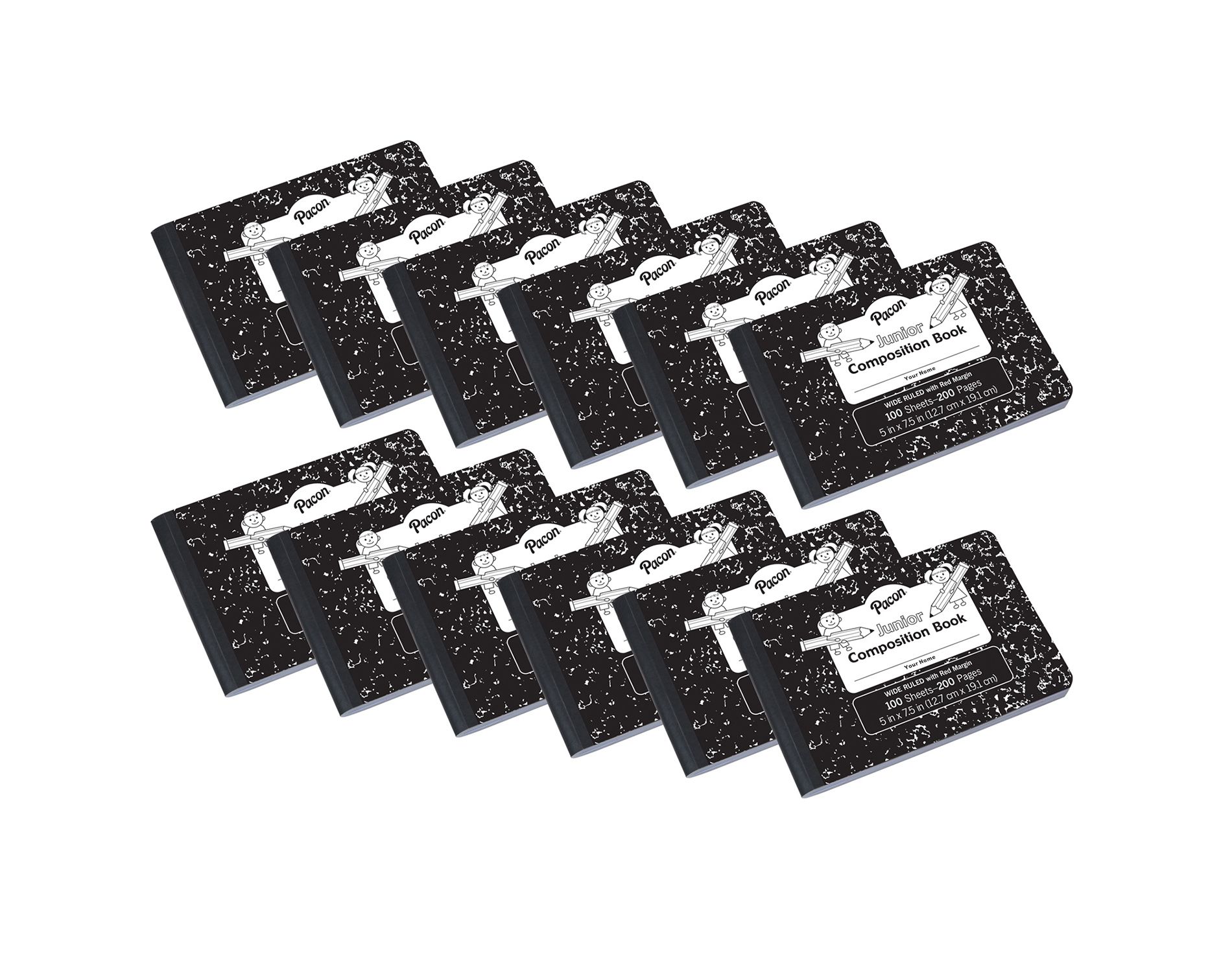 Pacon Junior Composition Book, Black Marble, 3/8" Ruled 5" x 7-1/2", 100 Sheets, Pack of 12