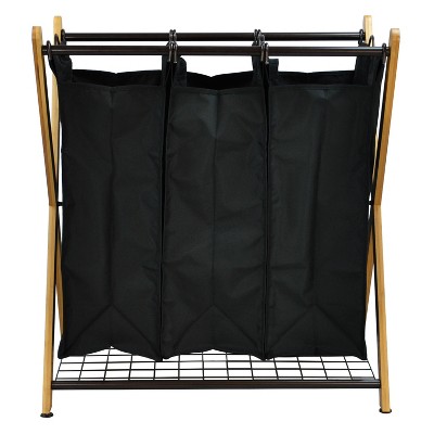 Black Bamboo X-Frame 3-Bag Laundry Sorter with Wire Handles
