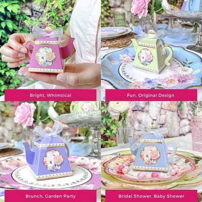 Assorted Pastel Floral Teapot Favor Boxes with Ribbon (Set of 24)