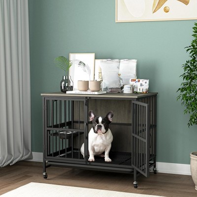 Dog House with Rremovable Ttray, Double-Door Dog House, lift Panel, 360 Degree Rotation -3 Height Adjustable Feeding Bowls