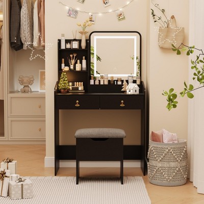 Vanity Desk, Makeup Vanity Table with 3 Lighting Color Adjustable Mirror and Charging Station, Dressing Table Set with 2 Large Drawers, 4 Open