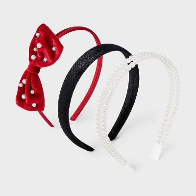 Girls' 3pk Bow and Pearls Headband Set - Cat & Jack™ Red/Black