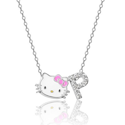 Hello Kitty Women's Enamel Hello Kitty and Sliding Pave Initial Necklace