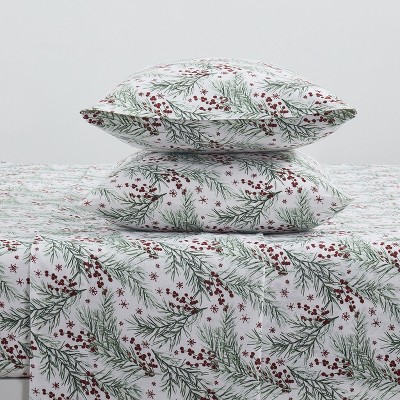 Kate Aurora Holiday Essentials Cozy Bed Collection Deep Pocket 100% Cotton Flannel Christmas Red Pines 4 Piece Sheet Set