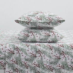 Kate Aurora Holiday Essentials Cozy Bed Collection Deep Pocket 100% Cotton Flannel Christmas Red Pines 4 Piece Sheet Set - 1 of 3