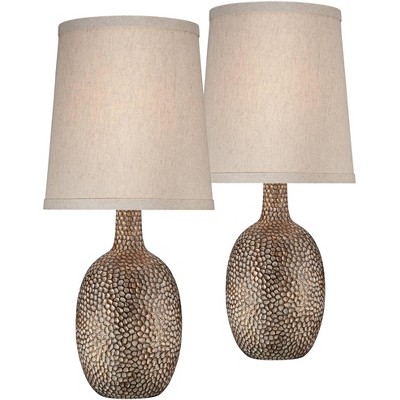 360 Lighting Modern Accent Table Lamps Set of 2 Hammered Antique Bronze Natural Linen Tapered Shade for Living Room Family Bedroom