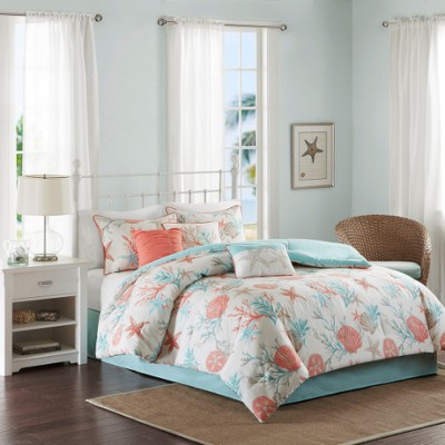 Lyngins 7-Piece Coastal Cotton Sateen Comforter Set – Shells & Starfish Print, Hypoallergenic, Oeko-Tex Certified, Queen Size Bedding Set