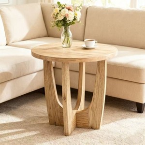 Homy Casa Modern Round End Table with MDF Wood Finish and Sculptural Base, Natural Oak Accent Table - 1 of 4
