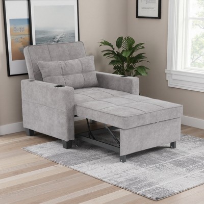 Convertible Leather 3-in-1 Futon Chair Bed with USB & Cup Holders