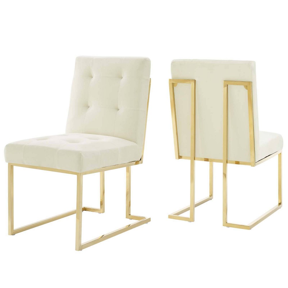 Photos - Dining Table Modway Set of 2 Privy Stainless Steel Performance Velvet Dining Chairs Gold/Ivory - : Sled Base, Upholstered, Modern Style 