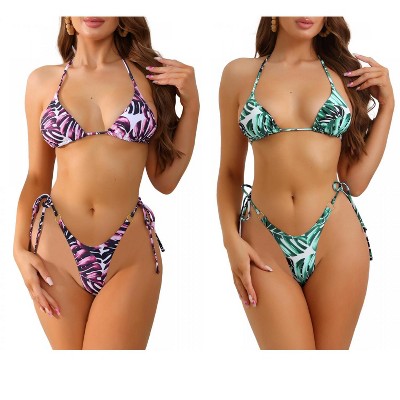 INSPIRE CHIC Women's Halter Tropical Print High Waist Gold Ring Triangle Bottoms Swimsuit Bathing Suits 2 Sets
