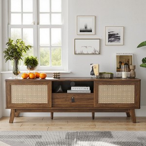 MAYEERTY Light Walnut 70"Rattan&Wood TV Stand, Boho Media Console with Drawer& 2 Cabinets for Living Room - 1 of 4