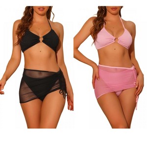Elerevyo Women's Halter Ring Textured Solid Color Cover Up Mesh Skirt Bikini Bathing Suits 2 Sets - 1 of 4