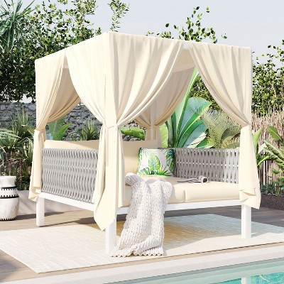 Janey Metal Frame Woven Rope Patio Daybed with Curtains, 2-Seater Outdoor Daybed, Outdoor Furniture, Tanning Near Me - Maison Boucle