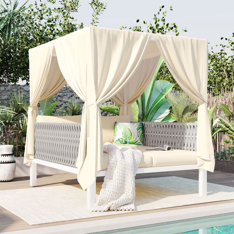 Janey Metal Frame Woven Rope Patio Daybed with Curtains, 2-Seater Outdoor Daybed, Outdoor Furniture, Tanning Near Me - Maison Boucle, 1 of 9