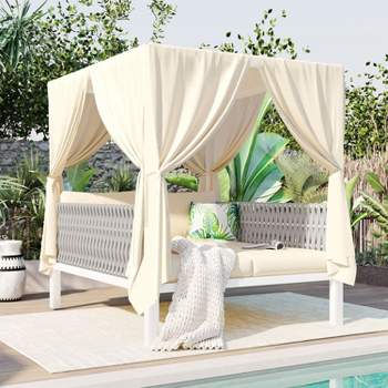 Metal Frame Woven Rope Beige Patio Sunbed with Curtains, 2-Seater Outdoor Daybed  - Maison Boucle