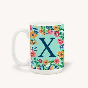 Personalization Mall Flowery Initial Coffee Mug, 15 Oz., Blue Aqua - 1 of 1