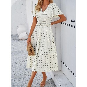 Women's Smocked V Neck Short Sleeve Dress Casual Stretchy Summer Sundress Comfortable Loose Fit - 1 of 4