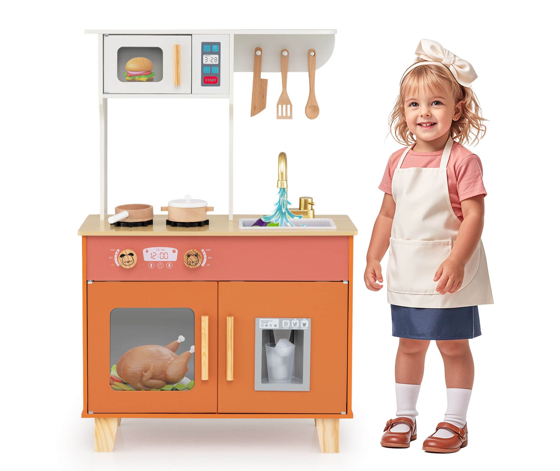 Costway Kids Play Kitchen with Microwave Stoves Rotation Knobs Ice Dispenser Faucet Sink Green/Brown