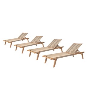 Christopher Knight Home Addison Rustic Outdoor Acacia Wood Chaise Lounge with Rope Seating (Set of 4), Teak/Beige - 1 of 4