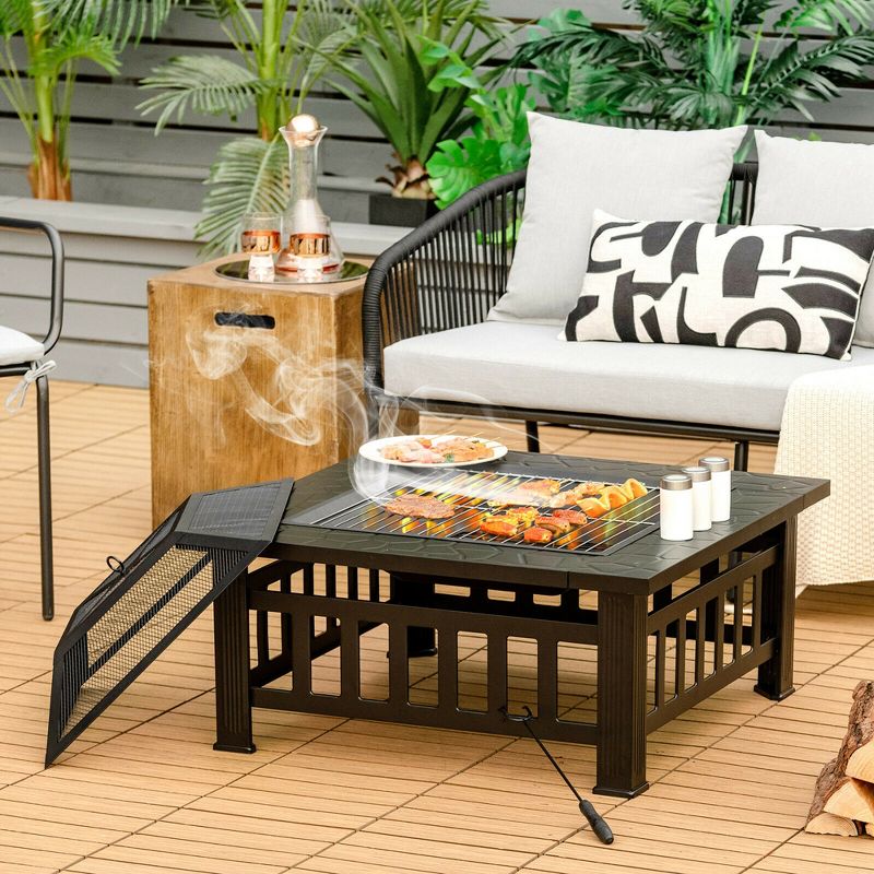 Costway 32'' 3 in 1 Outdoor Square Fire Pit Table W/ BBQ Grill, Rain Cover for Camping, 5 of 11