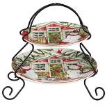Earthenware 2-Tier Snowman's Farmhouse Serving Tray with Metal Stand- Certified International