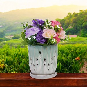 Set of 2 Ceramic Flowerpot with Drainage Hole, 8" Modern Planter for Patio, Garden, Windowsill - White Green - 1 of 4