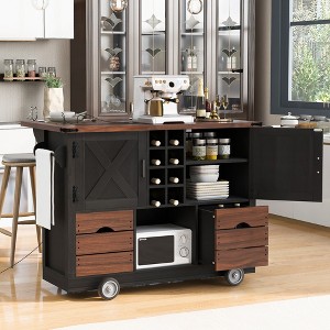 LOVSON 54''Rustic Kitchen Island with Folding Leaves and Power Outlet, 2-Drawer Kitchen Storage Cart for Kitchen and Dining Room,Black - 1 of 4