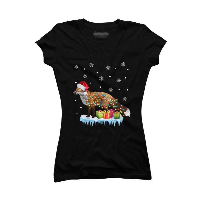 Junior's Design By Humans X-Mas Fox Christmas Lights Funny Wild Animal Design Gift T-Shirt By NekoShop T-Shirt, 1 of 4