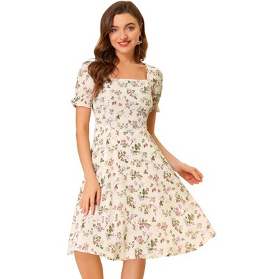 Allegra K Women's Floral Square Neck Midi Smocked A-line Dress : Target