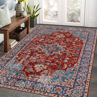 Washable Area Rug Vintage Distressed Flower Rug Non Slip Non Shedding Floor Carpet, Soft Low Pile Thin Rug