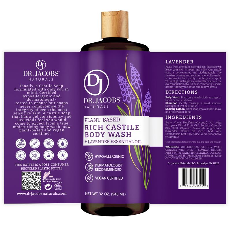 Dr Jacobs Naturals Rich Castile Lavender Body Wash Hypoallergenic Vegan Sulfate-Free Paraben-Free Dermatologist Recommended 32oz - Lavender, 4 of 9