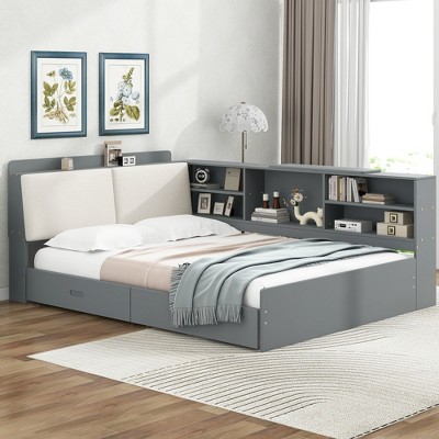 PDTEND Wood Full Size Platform Bed with Storage Headboard, Built-In Shelves & 2-Drawer