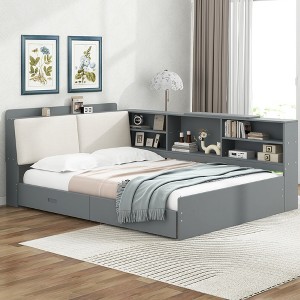 PDTEND Wood Full Size Platform Bed with Storage Headboard, Built-In Shelves & 2-Drawer - 1 of 4