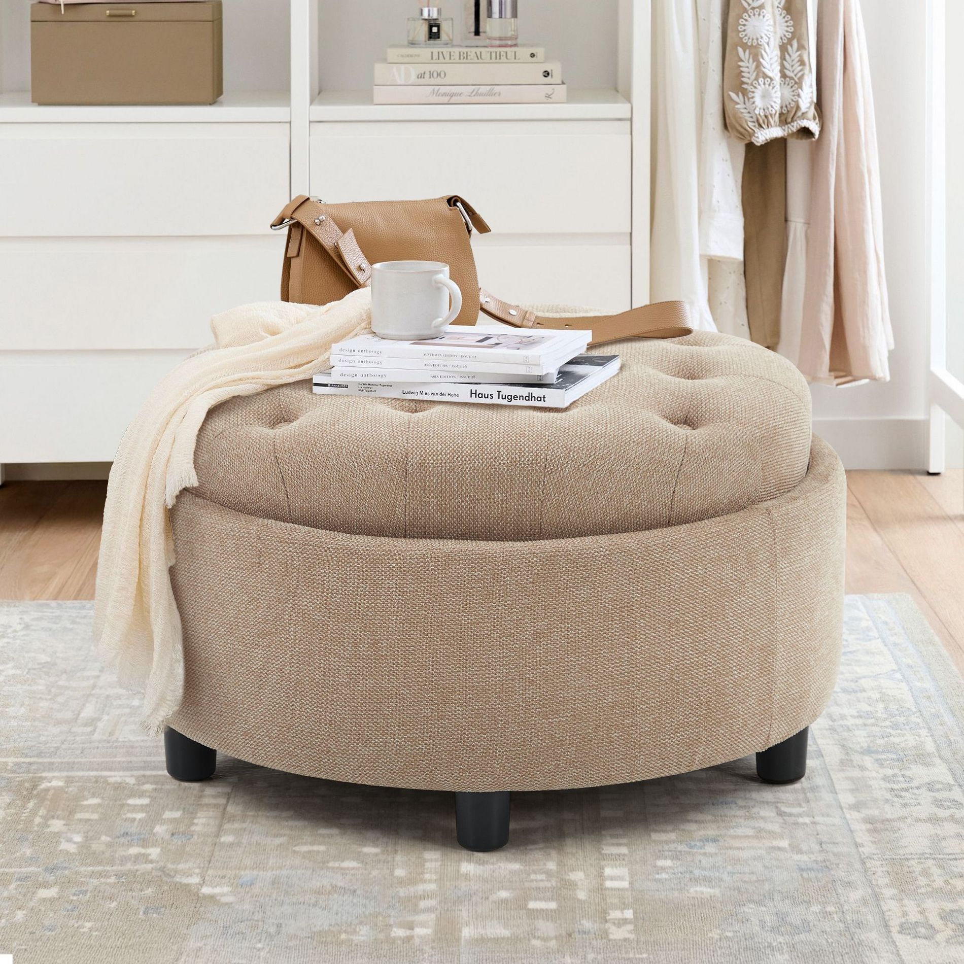 3-in-1 Round Fabric Storage Ottoman – 25"x25" Reversible Tray Lid, Footrest & Small Coffee Table with Hidden Storage