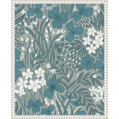 Teal and White Floral Botanical Canvas Wall Art with White Frame, 16x20